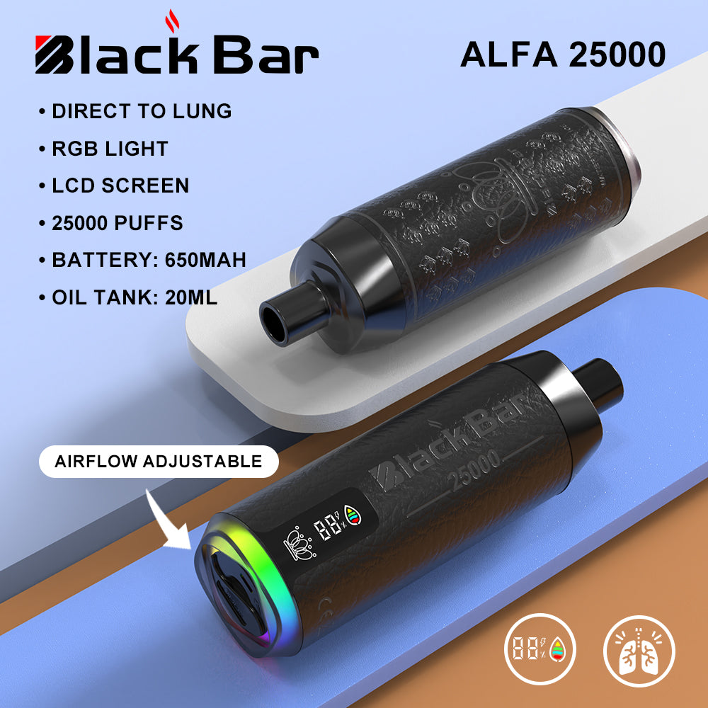 ALFA 25000 black bar Direct To Lung RGB light LCD screen 25000 puffs Battery: 650mah Oil Tank: 20ML airflow adjustable